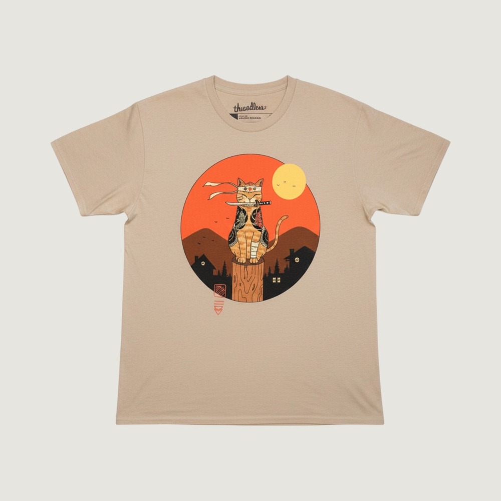 Threadless Vincent Trinidad Ninja Cat Katana Graphic Tee Tan Mens Medium M